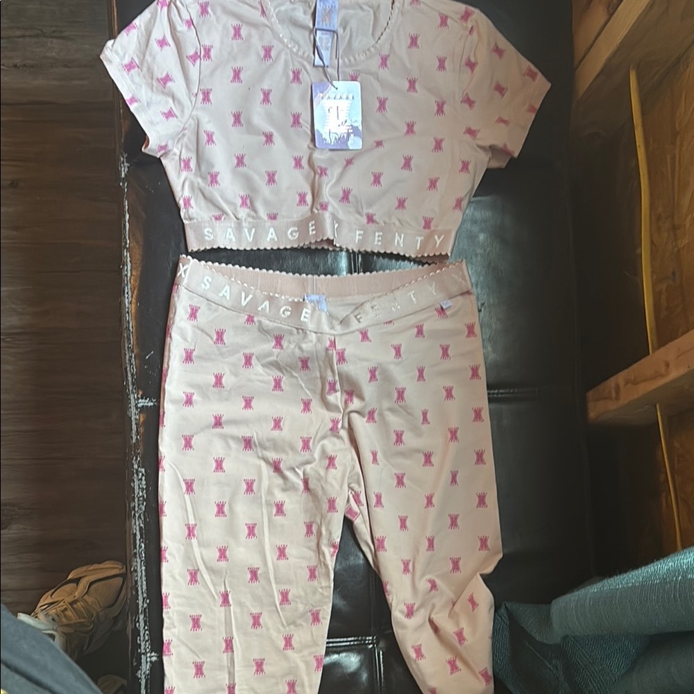 Savage X Fenty Pink Pajama Set with Delicate Print